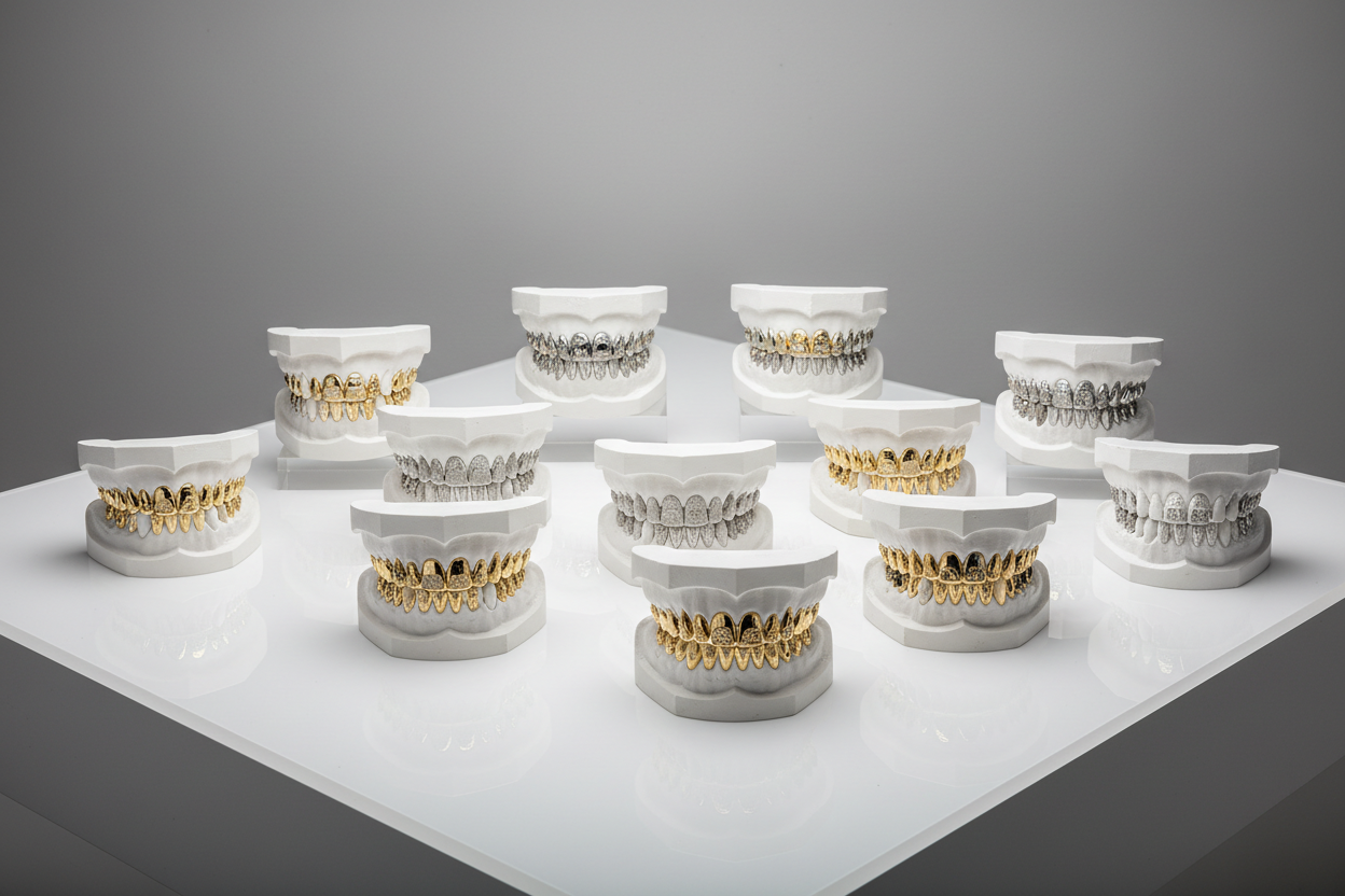 una mesa donde haya muchos grillz sobre modelos de escayola